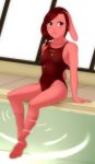  2019 absurd_res anthro biped breasts buffbumblebee clothed clothing digital_drawing_(artwork) digital_media_(artwork) eyebrows eyelashes female front_view fur hair hi_res lagomorph lipstick makeup mammal navel one-piece_swimsuit partially_submerged pink_fur pool_(disambiguation) rabbit red_eyes red_hair sitting smile solo sport_swimsuit swimsuit tight_clothing water 