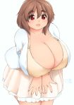  1girl bra breasts brown_hair cleavage eno_konoe fat huge_breasts leaning_forward mikomu open_clothes open_mouth original plump red_eyes skirt smile solo standing thick_eyebrows underwear 