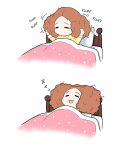  1girl bed blanket brown_hair commentary_request fluffy highres korean_commentary messy_hair okumura_haru on_bed open_mouth pajamas persona persona_5 pillow playing_with_own_hair roviahc sequential_set sleeping sleepy solo zzz 