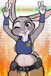  2019 4chan badge belt bottomless breasts buckteeth clothed clothing disney double_v_sign hi_res judy_hopps kaboozey lagomorph looking_at_viewer mammal one_eye_closed rabbit side_boob teeth tongue tongue_out v_sign vest wide_hips wink zootopia 