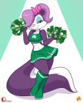  anthro bow cheerleader clothing english_text eyeshadow female fifi_la_fume fur furboz hair looking_at_viewer makeup mammal mephitid midriff miniskirt multicolored_fur pleated_skirt purple_fur purple_hair signature skirt skunk solo text tiny_toon_adventures warner_brothers white_fur 