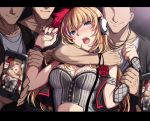  1girl 3boys angry armband blonde_hair blue_eyes blush cellphone character_request clenched_hand collarbone corset eyebrows_visible_through_hair faceless faceless_male flower halterneck head_tilt headlock headset microphone multiple_boys nail_polish open_mouth phone recording rose sblack smartphone smirk star_ocean star_ocean_anamnesis teeth trembling 