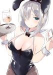  1girl absurdres animal_ears bare_arms bare_shoulders between_fingers black_hairband black_legwear black_leotard blue_eyes blush breasts bunny_ears bunnysuit card cleavage closed_mouth commentary_request cowboy_shot cup drink drinking_glass dyson_(edaokunnsaikouya) fake_animal_ears hair_ornament hair_over_one_eye hairband hairclip hamakaze_(kantai_collection) heart highres holding holding_card holding_tray kantai_collection leotard looking_at_viewer medium_breasts panties playing_card short_hair simple_background sketch smile solo tray underwear white_background wrist_cuffs 