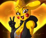  2019 anthro big_breasts black_nose breasts cleavage clothed clothing digital_media_(artwork) female hi_res looking_at_viewer nintendo open_mouth pichi_(suirano) pikachu pok&eacute;mon pok&eacute;mon_(species) solo suirano v_sign video_games 