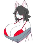  2019 anthro big_breasts black_hair blue_eyes blush blush_stickers breasts canid canine canis cleavage clothed clothing domestic_dog ear_piercing female hair hair_over_eye hi_res huge_breasts inner_ear_fluff maggie_applebee mammal piercing short_hair simple_background solo theycallhimcake white_background 