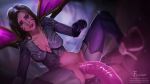  1girl biting black_hair bodysuit breasts cleavage clenched_teeth eyebrows facial_mark firolian functionally_nude gloves high_heels highres kai&#039;sa league_of_legends lip_biting medium_breasts medium_hair nose object_insertion purple_eyes pussy teeth vaginal vaginal_object_insertion 