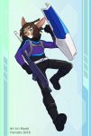  action_pose anthro boots brown_fur brown_hair clothed clothing digital_media_(artwork) footwear fur grey_eyes hair holding_object holding_weapon looking_at_viewer male portrait pose purple_jacket raxkiyamato smile solo unknown_species weapon 