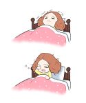  1girl 3: bed blanket brown_hair commentary_request highres korean_commentary messy_hair okumura_haru on_bed open_mouth pajamas persona persona_5 pillow roviahc rubbing_eyes sequential_set sleeping sleepy solo trembling under_covers waking_up 