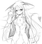  1girl :&lt; bat_wings bespectacled blush bottomless breasts buttons collarbone demon_tail dress_shirt eyebrows_visible_through_hair from_above glasses greyscale groin head_tilt head_wings koa_(phrase) koakuma long_hair long_sleeves looking_at_viewer lying medium_breasts mizuno_kurage monochrome navel open_clothes open_shirt open_vest out-of-frame_censoring pantyhose pointy_ears shirt side_slit simple_background sketch smile solo tail touhou upper_body very_long_hair vest white_background wings 