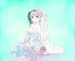  1girl bare_shoulders blush breasts bridal_veil cleavage commentary_request dragon_quest dragon_quest_ii dress flower hair_up k_kymz looking_at_viewer medium_breasts medium_hair princess_of_moonbrook purple_hair red_eyes short_hair simple_background sitting smile solo veil wedding_dress 