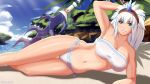  1girl bandeau beach blue_eyes breasts greatsword hairband highres horn kirin_(armor) large_breasts long_hair looking_at_viewer lying midriff monster_hunter monster_hunter:_world navel smile solo strapless sword tubetop weapon white_hair 