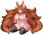  1girl animal_ear_fluff animal_ears areolae between_breasts black_legwear blue_eyes blush bottomless breasts brown_hair commission eyebrows_visible_through_hair fox_ears full_body hand_up highres jacket large_breasts long_hair looking_at_viewer multiple_tails neckwear_between_breasts open_clothes original pink_jacket plushmallow pussy shirt signature sitting solo striped striped_legwear tail temachii thighhighs very_long_hair watermark white_shirt 