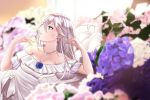  1girl aircell blue_eyes blue_flower blue_rose cecilia_schariac chair commentary dress earrings flower frilled_dress frills highres honkai_(series) honkai_impact_3 jewelry long_hair looking_to_the_side lounge_chair necklace off_shoulder pearl_necklace rose silver_hair solo wedding_dress 