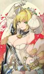  1girl absurdres aestus_estus ahoge armpits arms_up belt blonde_hair breasts chains cleavage detached_sleeves fate/grand_order fate_(series) flower ganov gloves green_eyes hair_intakes highres large_breasts leotard lock looking_at_viewer nero_claudius_(bride)_(fate) nero_claudius_(fate)_(all) padlock puffy_sleeves red_background short_hair solo veil white_gloves white_leotard zipper 