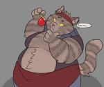  ambiguous_gender anthro arlo_(tonou) belly big_belly chubby_cheeks clothed clothing cute_fangs domestic_cat dungeons_&amp;_dragons ear_piercing felid feline felis fur grey_background grey_fur hand_on_chin headband holding_object jewelry mammal necklace obese obese_ambiguous open_shirt overweight overweight_ambiguous piercing sash simple_background solo spazmatism speech_bubble tabaxi 