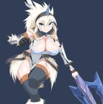  1girl bandeau bangs blue_eyes boots breasts cleavage elbow_gloves eyebrows_visible_through_hair fur_trim gloves hairband highres horn insect_glaive kirin_(armor) large_breasts loincloth long_hair looking_at_viewer monster_hunter monster_hunter:_world polearm smile solo spear strapless thighhighs tubetop weapon white_hair 