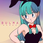  1girl animal_ears bare_arms bare_shoulders blue_eyes blue_hair bow bowtie breasts bulma bunny_ears bunny_tail bunnysuit character_name commentary_request dragon_ball dragon_ball_(classic) expressionless fake_animal_ears gradient gradient_background gradient_hair hair_between_eyes highres leotard long_hair looking_away medium_breasts multicolored_hair red_bow red_neckwear solo star strapless strapless_leotard tail tkgsize upper_body 