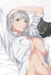  1girl black_cat breasts brown_eyes cat commentary_request grey_background hand_on_own_head highres large_breasts lying navel nib_pen_(medium) on_back on_bed open_clothes open_shirt ozaneko pillow rain_megumi shirt silver_hair smile tag_force traditional_media unbuttoned unbuttoned_shirt underboob upper_body white_shirt yu-gi-oh! yuu-gi-ou_tag_force 