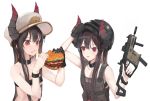  1girl arm_up bangosu bangs bare_arms bare_shoulders beef beltbra black_gloves black_hair breasts brown_hair buckle cheese cheese_trail collar collarbone commentary_request copyright_request curled_horns demon_horns eating eyebrows_visible_through_hair fingernails food food_on_face gloves gun hair_between_eyes hamburger hat highres holding holding_food holding_gun holding_weapon horns long_hair looking_away mask mask_on_head military_hat multiple_girls multiple_views onion open_mouth playerunknown&#039;s_battlegrounds red_eyes round_teeth salad sidelocks simple_background single_glove small_breasts sweatband teeth tomato trigger_discipline underboob upper_body upper_teeth v-shaped_eyebrows very_long_hair virtual_youtuber weapon weapon_request white_background white_headwear 