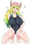  1girl absurdres baseball_cap breasts cameltoe covered_navel dragon_horns erect_nipples green_hair hat heterochromia highleg highleg_swimsuit highres horns huge_breasts impossible_clothes impossible_swimsuit kobayashi-san_chi_no_maidragon long_hair multicolored multicolored_eyes multicolored_hair one-piece_swimsuit partially_visible_vulva pink_headwear pussy_peek quetzalcoatl_(maidragon) school_swimsuit shiny shiny_clothes shiny_hair shiny_skin simple_background skin_tight slit_pupils solo spread_legs sweat swimsuit tavor_(m_tavor) thighs wavy_hair wedgie white_background yellow_pupils 