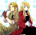  1boy 1girl aqua_background automail back-to-back bangs blonde_hair blue_eyes braid brown_gloves coat commentary cosplay edward_elric edward_elric_(cosplay) eyebrows_visible_through_hair eyes_visible_through_hair fullmetal_alchemist gloves green_pants green_shirt hand_on_own_arm hands_together holding holding_wrench looking_at_viewer pants polka_dot polka_dot_background ponytail red_coat shirt sitting smile square symbol_commentary tsukuda0310 two-tone_background white_background white_gloves winry_rockbell winry_rockbell_(cosplay) wrench yellow_eyes 