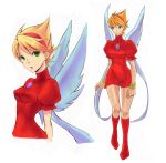  1girl angel_wings blonde_hair boots bracelet breasts breath_of_fire breath_of_fire_iii brooch commentary_request dress green_eyes groin hairband jewelry knee_boots looking_at_viewer nina_(breath_of_fire_iii) nyantiu open_mouth puffy_sleeves short_hair simple_background skin_tight solo white_background white_wings wings 