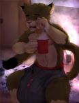  anthro balls beverage big_balls bulge clothing coffee domestic_cat felid feline felis fur hair huge_balls huge_bulge hyper hyper_balls hyper_bulge hyper_penis male mammal open_mouth penis solo underwear vodcat waking_up 