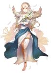  1girl asymmetrical_legwear barefoot dress feathers female_my_unit_(fire_emblem_if) fire_emblem fire_emblem_heroes fire_emblem_if flower full_body long_hair my_unit_(fire_emblem_if) nintendo parted_lips pointy_ears red_eyes robaco simple_background solo twitter_username veil white_background white_dress white_hair 