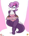  &lt;3 anthro apron big_breasts bow breasts clothing cookie english_text fifi_la_fume food fur furboz hair looking_at_viewer mammal mephitid multicolored_fur naked_apron purple_fur purple_hair signature skunk text tiny_toon_adventures tray warner_brothers white_fur wide_hips 