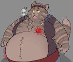  ambiguous_gender anthro arlo_(tonou) belly big_belly chubby_cheeks clothed clothing domestic_cat dungeons_&amp;_dragons ear_piercing felid feline felis fur grey_background grey_fur headband jewelry magic mammal necklace obese obese_ambiguous open_mouth open_shirt overweight overweight_ambiguous panting piercing simple_background solo spazmatism sweat sweatdrop tabaxi weight_gain 