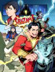  2019 aqua_eyes billy_batson brown_hair building cape commentary_request dc_comics doctor_sivana electricity eyes_closed fingerless_gloves freddy_freeman gloves green_eyes grin heterochromia highres jacket muscle notebook open_mouth scar scar_across_eye sen_(sen69) shazam shoes signature smile sneakers staff superhero sweater video_camera white_hair 