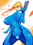  1girl absurdres bikini blonde_hair blue_eyes bodysuit breasts cameltoe covered_navel erect_nipples highres huge_breasts lipstick makeup metroid nintendo samus_aran skin_tight solo standing swimsuit tokyokyoto wedgie zero_suit 