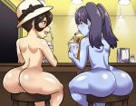  2girls anus ass black_hair blue_skin breasts dynamo-x dynamo_heart filia_(skullgirls) hat long_hair looking_at_another milkshake multiple_girls nude open_clothes open_mouth purple_hair pussy sitting skullgirls squigly_(skullgirls) twintails zombie 