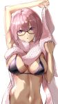  1girl absurdres arm_up bare_shoulders black-framed_eyewear black_bikini_top blush breasts cleavage collarbone fate/grand_order fate_(series) glasses highres large_breasts lavender_hair looking_at_viewer mash_kyrielight monyu_(monyupop) navel open_mouth parted_lips pink_neckwear purple_eyes scarf shiny shiny_hair short_hair simple_background solo white_background 