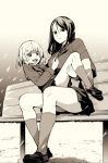  2girls :d bangs bench bonkara_(sokuseki_maou) carrying closed_mouth emblem eyebrows_visible_through_hair frown girls_und_panzer greyscale katyusha legs loafers long_hair long_sleeves miniskirt monochrome multiple_girls nonna open_mouth outdoors pleated_skirt pravda_school_uniform princess_carry school_uniform shoes short_hair sitting skindentation skirt smile snow socks swept_bangs turtleneck v-shaped_eyebrows 