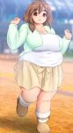  1girl belly breasts brown_hair cleavage eno_konoe fat large_breasts looking_at_viewer mikomu open_mouth original red_eyes skirt smile solo standing thick_eyebrows thick_thighs thighs 