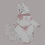  anthro breasts clothing exposed_breasts felid feline female greyscale hi_res hybrid looking_at_viewer mammal monochrome nipples one_eye_closed overweight overweight_female panties panty_pull smile solo standing underwear wink yogoat 