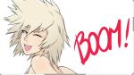  1girl ;d bakugou_mitsuki blonde_hair blush boku_no_hero_academia eyebrows_visible_through_hair fake_scrollbar from_behind hair_ornament highres looking_at_viewer looking_back mature mkonstantinov one_eye_closed open_mouth red_eyes short_hair simple_background smile solo white_background 