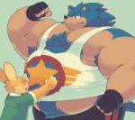  2019 anthro armpit_hair blue_fur body_hair chest_hair clothed clothing duo eulipotyphlan fingerless_gloves flexing fur gloves greenendorf hedgehog lagomorph male mammal musclegut muscular muscular_male orange_fur overweight pecs rabbit shirt size_difference smile smirk sonic_(series) sonic_the_hedgehog tan_fur tank_top tight_clothing 
