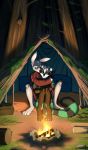  2019 anthro black_nose clothed clothing digital_media_(artwork) duo female fire forest hi_res lagomorph male mammal procyonid rabbit raccoon rayley sitting tree 