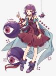  1girl bug cape character_name dress fire_emblem fire_emblem:_seima_no_kouseki full_body highres lute_(fire_emblem) monster nintendo open_mouth pikapika_hoppe purple_eyes purple_hair shoes simple_background sleeveless sleeveless_dress spider white_background 