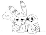  anthro arm_support black_and_white blush buckteeth chest_tuft clothed clothing dipstick_ears disney ear_markings english_text facial_markings female flirting fuel_(artist) fur_markings half-closed_eyes head_tuft jack_savage judy_hopps lagomorph leaning_on_elbow male mammal markings monochrome necktie open_mouth open_smile rabbit shirt_pull simple_background smile stated_homosexuality suit teeth text thought_bubble tuft white_background zootopia 