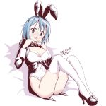  1girl animal_ears blue_eyes blue_hair blush bow bowtie breasts bunny_ears cleavage dated hands_on_own_chest high_heels legs leotard mahou_shoujo_madoka_magica medium_breasts miki_sayaka mr_nini short_hair solo sweatdrop thighhighs thighs twitter_username white_background 