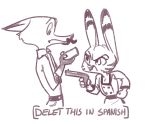  anthro brown_and_white canid canine cellphone cheek_tuft clothed clothing dialogue disney duo ear_markings english_text facial_hair facial_markings fox fuel_(artist) fur_markings gloves_(marking) gun handgun head_tuft holding_object holding_weapon jack_savage lagomorph male mammal markings meme monochrome mustache nick_wilde open_mouth phone pistol rabbit ranged_weapon simple_background subtitled text tuft weapon white_background zootopia 