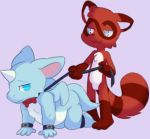  2016 8chan bow_tie chibimon_(character) collar cuffs_(disambiguation) dragon duo leash male mammal nate_(8chan) numberz petplay procyonid raccoon roleplay simple_background standing young 