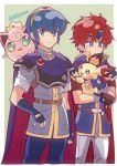  2boys armor blue_eyes blue_hair blush cape creatures_(company) fingerless_gloves game_freak gen_1_pokemon gen_2_pokemon gloves headband highres jewelry jigglypuff kiriya_(552260) multiple_boys nintendo pichu pokemon pokemon_(creature) red_hair roy_(fire_emblem) short_hair simple_background smile super_smash_bros. sword tiara weapon 