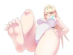  1girl armpits bangs blonde_hair blush breasts breasts_apart casual_one-piece_swimsuit commentary_request covered_mouth cowboy_shot cutout dutch_angle eyebrows_visible_through_hair feet foreshortening from_below gem groin groin_tendon hand_on_hip highleg highleg_swimsuit hikari_(xenoblade_2) hip_vent jewelry leg_up legs long_hair looking_at_viewer looking_down maidforge medium_breasts nintendo one-piece_swimsuit ribbed_swimsuit sidelocks simple_background solo standing straight_hair swept_bangs swimsuit thighs tiara tsundere v-shaped_eyebrows very_long_hair white_background white_swimsuit xenoblade_(series) xenoblade_2 yellow_eyes 