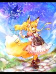  2015 4_toes 5_fingers anthro blonde_hair blue_eyes breasts canid canine clothing dress dufy english_text female footwear fox fur hair heterochromia kemono long_hair mammal multi_tail open_mouth orange_eyes orange_fur sandals satchel scarf small_breasts smile solo standing text toes white_gloves 