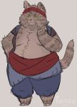  ambiguous_gender anthro arlo_(tonou) barefoot belly big_belly clothed clothing cute_fangs domestic_cat dungeons_&amp;_dragons felid feline felis fur grey_background grey_fur hand_on_chest hand_on_hip headband hi_res mammal open_shirt overweight overweight_ambiguous sash simple_background smile solo standing tabaxi thick_thighs tonou 