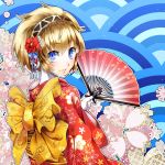  1girl aegis_(persona) blonde_hair blue_eyes bow fan floral_print flower from_behind hair_flower hair_ornament hairband highres holding holding_fan imo_(evekelu-111) japanese_clothes kimono looking_at_viewer looking_back persona persona_3 print_kimono red_flower red_kimono short_hair smile solo standing yellow_bow yukata 